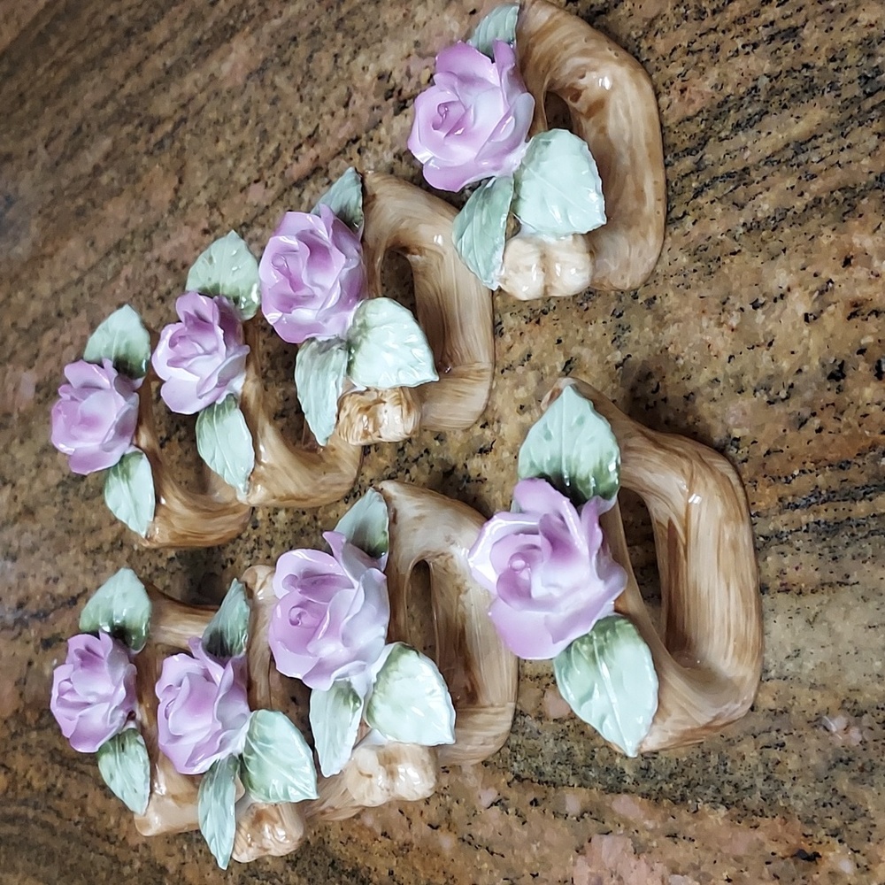 Vintage 1985 Pia bone china pink rose napkin ring holders set of 8.